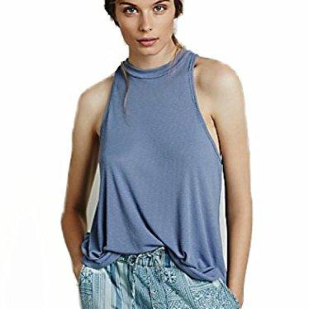 Free People Blue Sleeveless High Neck Tank Top
